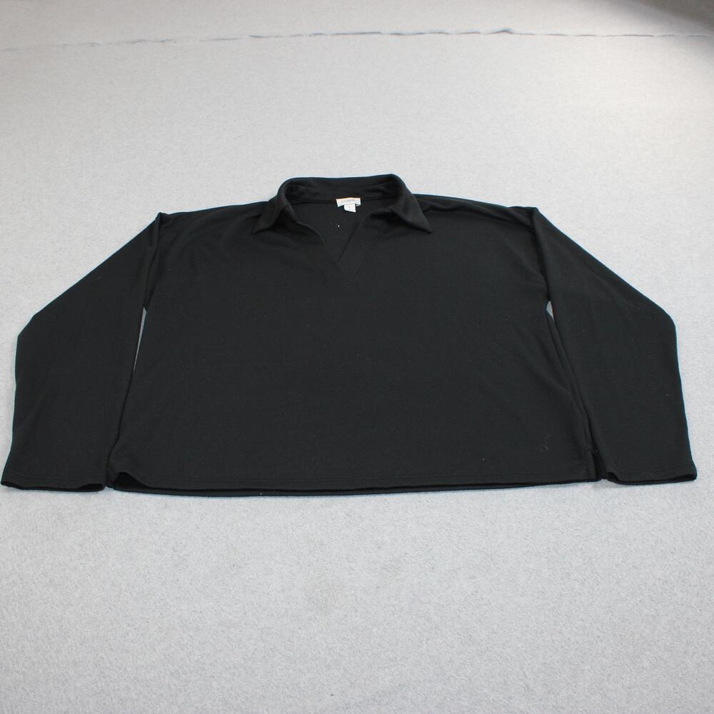 J Crew Polo Shirt Women Large Black Long Sleeve Collar Stretch Academia Heritage